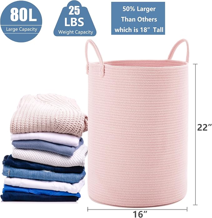 80L Large Pink Hamper Laundry Basket for Baby Girls Kids | Tall Hamper for Nursery Woven Rope Clothes Hamper for Little Girls Room Bedroom Light Pink 16"D x 22"H Extra Large