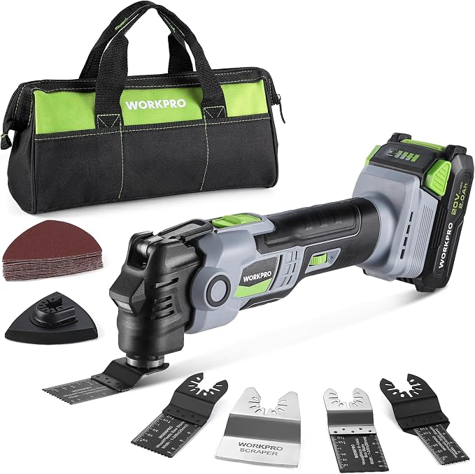WORKPRO 20V Brushless Cordless Oscillating Multi-Tool Kit | 6 variable speeds, 3.6° oscillation angle, 21-piece accessories, 1 battery & storage bag, for DIY and home improvement