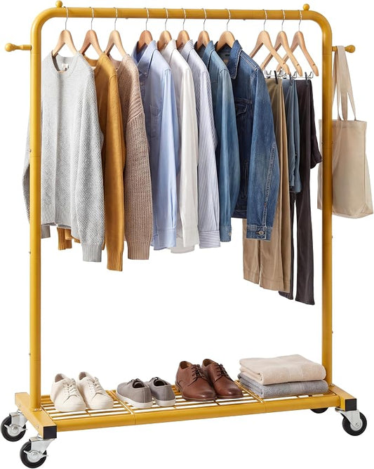 Sywhitta Clothing Rack on wheels, Clothes Rack with Bottom Mesh Storage Shelf,Sturdy Metal Frame,for Hanging Clothes,Coats,Skirts,39.76 "W x 16.06" D x 63.78" H,Gold Yellow