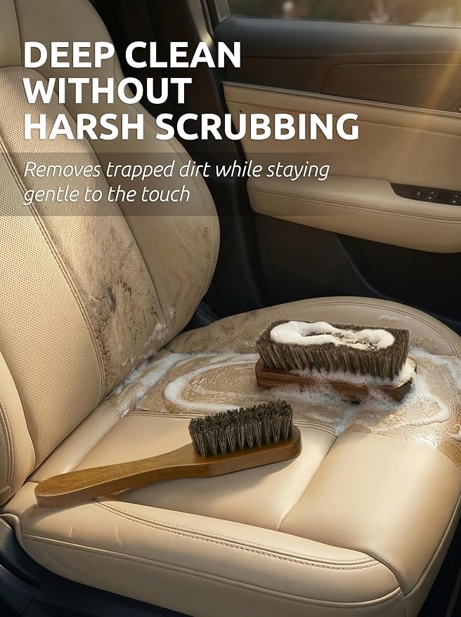 TAKAVU Leather & Upholstery Cleaning Brush Set with Compact Wood Handle | Car Detailing Brush for Alcantara, Leather Seats, Suede, Car Interior, Sofa & Convertible Tops