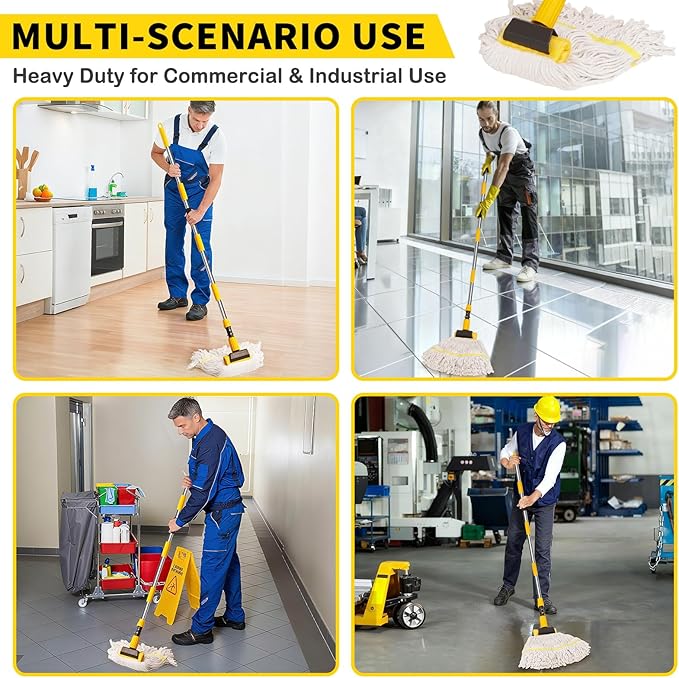 Professional Commercial Mop Industrial Heavy Duty Mop with 54" Long Handle ,Wet Mop for Home,Workshop,Garage Floors Cleaning,with 53'' Stainless Steel Mop Handle,Yellow