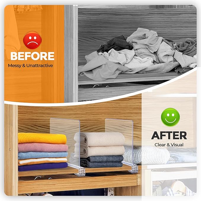 JOY DECOR 8 Pack Acrylic Clear Shelf Dividers for Closets Organizer and Storage Adjustable Vertical Wood Shelf Closet Separators for Clothes,Book,Bags in Bedroom and Kitchen | Adjustable Vertical Wood Shelf Closet Separators, Keep Clean, for Clothes,Bo...