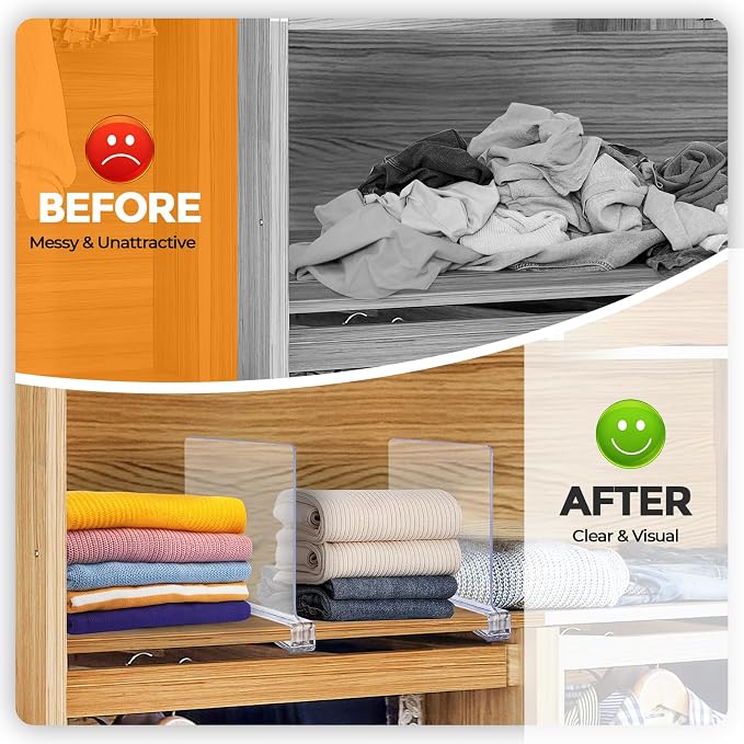 Clear Acrylic Shelf Dividers for Closets Organizer & Storage,12 Pack | Adjustable Vertical Wood Shelf Closet Separators, Keep Clean, for Clothes,Book,Bags, in Bedroom and Kitchen