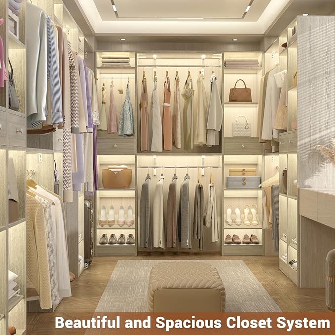 Unikito 58" W - 90" W Closet System, Large Walk in Closet Organizer with 3 Hanging Rods and Shelves, Heavy Duty Wood Closet Wardrobe with 2 Drawers and Shoe Rack, Reversible Clothing Rack, White Oak