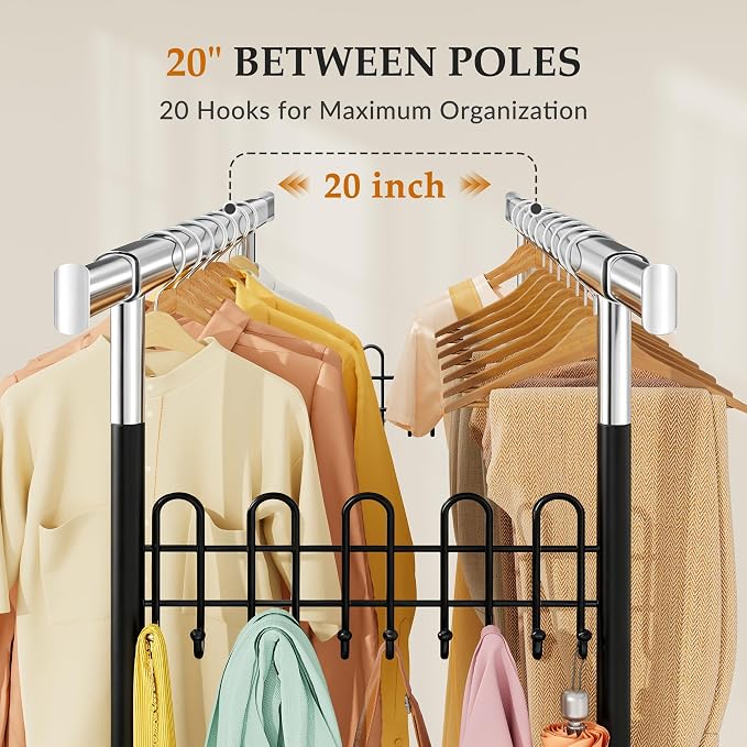 Gewudraw Clothes Rack Heavy Duty Load 1060 LBS With Wheels,Commercial,Black | Double Rod Rolling Clothing Rack,Extendable,Basket, Shelf, Hooks,Garment Rack for Bedroom, Laundry Room & Retail Store