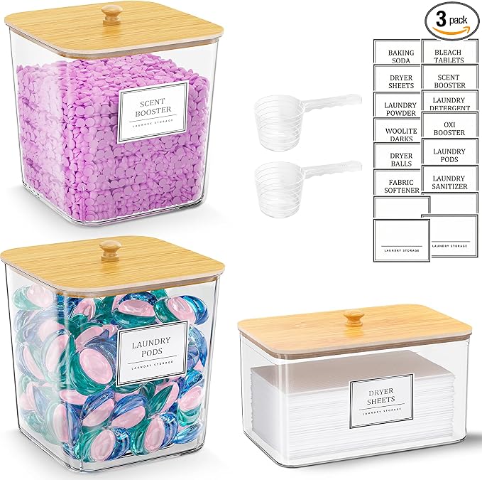 2+1 Pack Laundry Pods Container,Clear Laundry Detergent Powder Storage Containers,Laundry Room Organization Containers with Wooden Lids & Labels,Laundry Pods Holder for Scent Booster,Dryer Ball