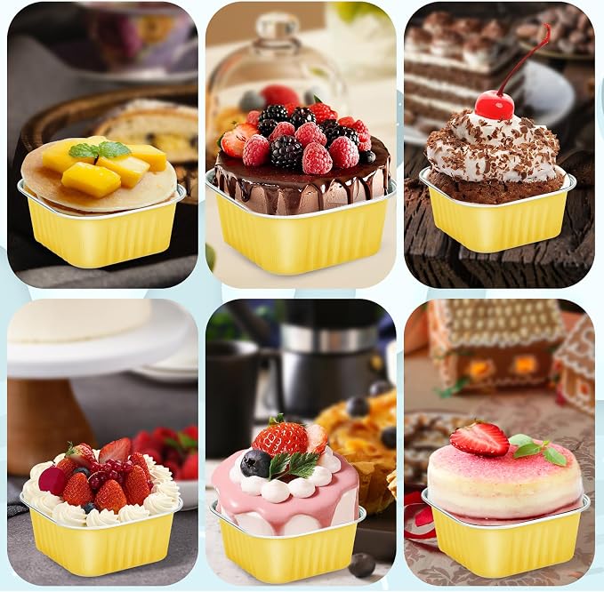 100Pack 5oz Gold Mini Cake Pans with Lids Baking Cups Aluminum Foil Pans Tins, Individual Dessert Cups Containers for Sales,Party,Picnics
