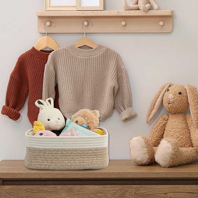 XUANGUO Small Woven Storage Baskets 13“X9”X5“ Decorative Rope Bins for Organizing Shelves, Closets, and Toys, Empty Gift Baskets, Cute Organizer Basket for Home and Office (white and brown, Large)