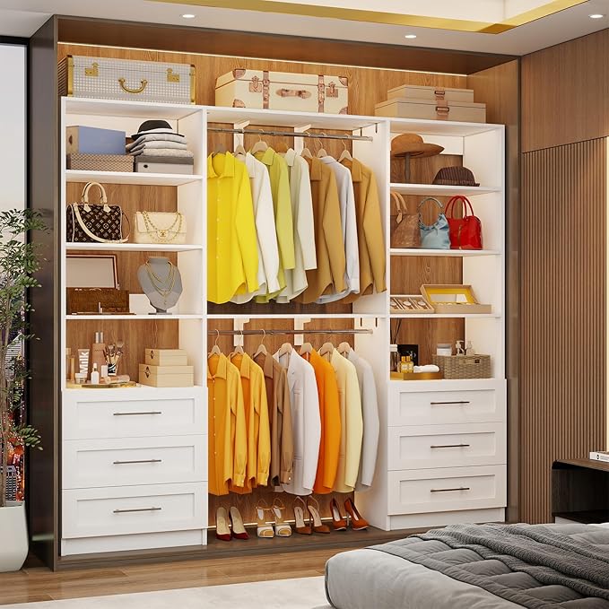 Closet System with 6 Wood Drawers, 6-12FT Closet Organizer System with Cuttable Shelves for Walk in Closet with 6 Expandable Hanging Rods, Heavy Duty Built-in Closet for Bedroom, White