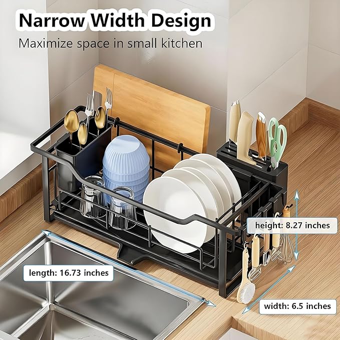 AIDERLY Narrow Dish Drying Rack Dish Drainer, Black | Auto Drain, Iron Construction, Removable Cutlery Basket, For Kitchen Counter