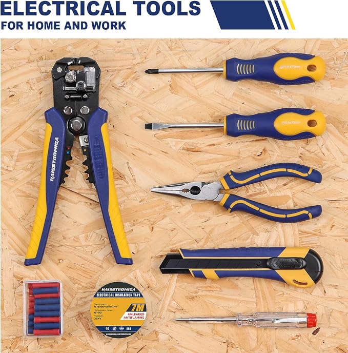 haisstronica 8PCS Electrician Tool Kit, Automatic Wire Stripper, Pliers | Voltage Pen, 2 Drivers, Utility Knife, Tape, Storage Case, Electronics Repairs
