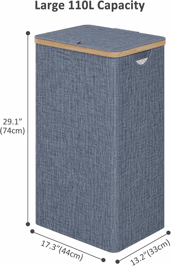 IEGrow Laundry Hamper with Lid,110L Laundry Basket with Mesh Bag,Blue | Dirty Clothes Hamper Basket with Bamboo Handle for Clothes Towels Organization