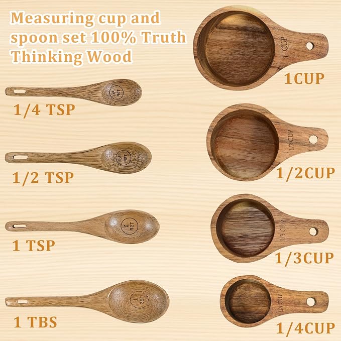 Wooden Measuring Cups and Spoons Set - Eco-Friendly Solid Acacia Wood, Laser Engraved Measurements for Precision, Perfect for Baking & Cooking, Ideal Gift for Bakers, Chefs & Home Cooks (Brown)