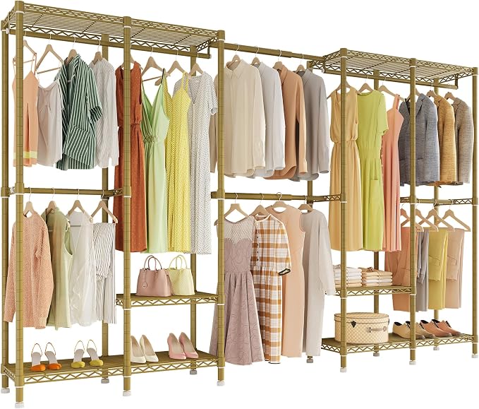 Higeego H5 Pro Heavy Duty Clothes Rack Wardrobe Closet for Hanging Clothes, Freestanding Garment Rack with Expandable Hanger Rods, Closet Organizer and Storage, (97.7-115.4")L x 15.7"W x 75.4"H, Gold