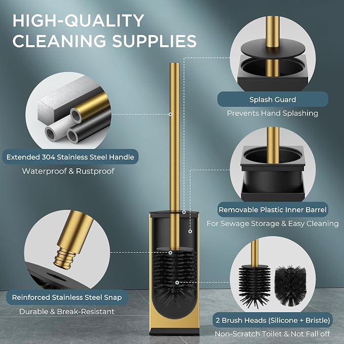 FORIOUS Short Toilet Brush and Holder Set, Heavy Duty 304 Stainless Steel Base Square and Long Handle for Bathroom Deep Cleaning, Drip-Proof, Space Saving for Storage, 2 Toilet Bowl Brush Head, Gold
