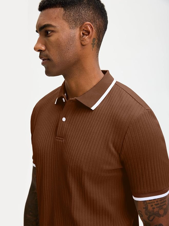 Comdecevis Men's Regular Fit Short Sleeve Knit Polo Shirts | Business casual, lightweight, breathable, stretch textured fabric, moisture wicking, easy care