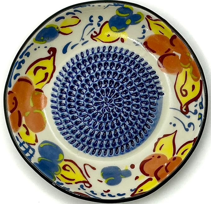 BonCera, All-in-one Premium Ceramic Garlic Grater Plate 4-Piece Set - Artisan Flower Blue Center Design - For Garlic, Ginger, Chocolate, and more! - Comes with 5" Plate, Peeler, Brush, and Stand
