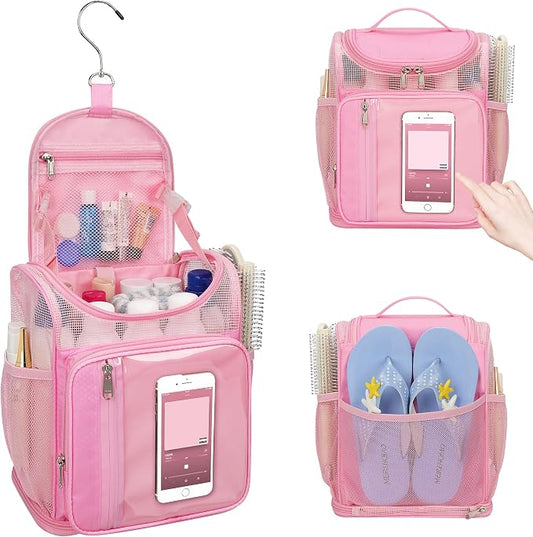 Hanging Shower Caddy Portable - Travel Toiletry Bag for Men & Women, Large Capacity Caddy Dorm Basket, Quick Dry Toiletry Tote Bag with Stain Resistant Bottom for Bathroom, Beach, Camp, Gym - Pink