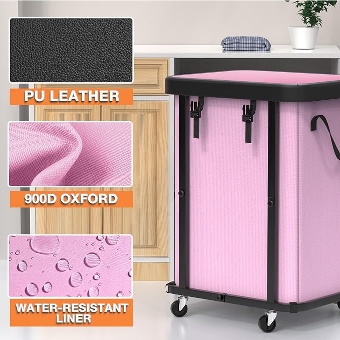 Laundry Basket with Wheels,150L (40 Gal) Rolling Hamper Carts - Pink | Leather Patchwork Laundry Hamper,Sturdy Metal Frame, Removable Washable Bag, Tall Clothes Sorter for Bedroom, Laundry Room