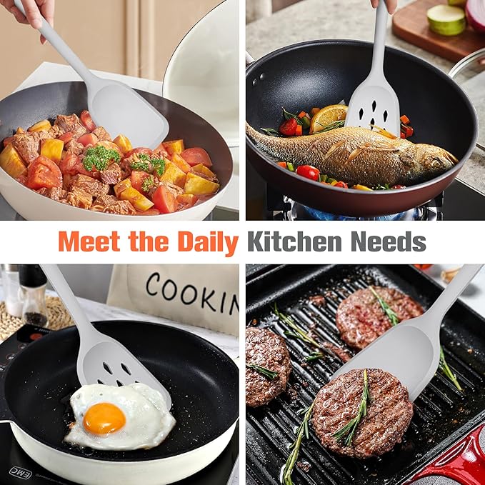 Silicone Cooking Spatula&Slotted Spatulas, Pack of 2,Solid Turner Kitchen Utensils Set for Cooking,Frying, Baking, Flipping, Turning,Heat Resistant 450℉ (GRAY)