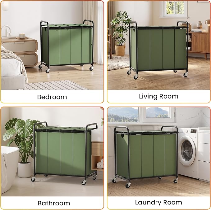 Laundry Sorter 4 Sections 48 Gal, Rolling Laundry Basket with Wheels ＆ Lid | Laundry Hamper, 4 Separated Removable Bags, Lockable Wheels, Dirty Clothes Hamper for Laundry Room Organizer, Green