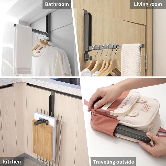 RFOUO Over The Door Hooks Hanger, Fits Door up to 1 3/4",Space Grey, 1 Pack | Aluminum, Retractable Rod, Space-Saving, Foldable Over The Door Drying Rack,No drilling, For Laundry Bathroom Bedroom Travel