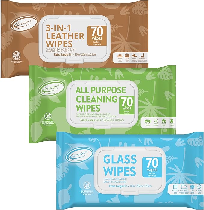 Air Jungles Car Interior Cleaning Wipes Set 210 Count, XL 8" x 10" | Clean Condition Protect Wipes for Vinyl and Leather Apparel Furniture Auto Car Interior Shoes Boots Bags