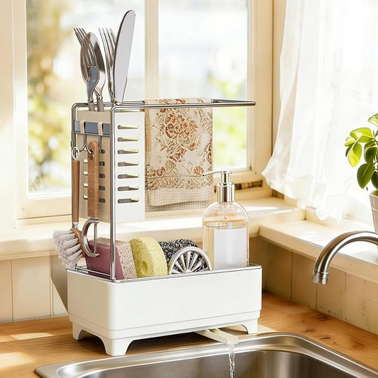 MOUKABAL Sponge Holder for Kitchen Sink, 2-Tier Sink Caddy Organizer with Drain Holes and Hooks, Holds Dishcloth, Sponge & Brushes, Kitchen Countertop Storage for New Home Essentials Off-white