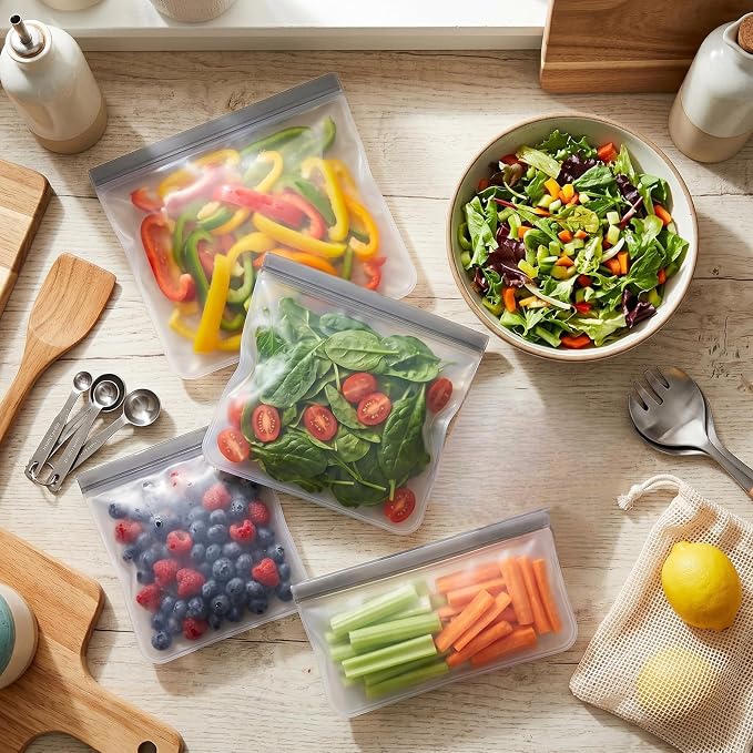 10 Pack Reusable Silicone Storage Bags Thick Leakproof Reusable Freezer Bag Dishwasher Safe Bag for Salad Fruit Snack Travel 3 Gallon 4 Sandwich 3 Snack Bags