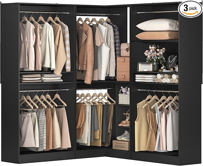 Unikito 108” Corner Closet System, 3-Piece L-Shaped Closet Organizer with 2 Closet Towers and 1 Corner Unit, Heavy Duty Wood Garment Rack with 6 Hanging Rods, Freestanding Walk-in Wardrobe, Black