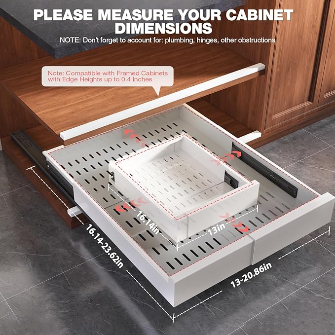 Seinloes 4 Pack Pull Out Cabinet Organizer Expandable Width(13"-21") and Depth(17"-24"),Slide Out Drawers With Raising Pad for Framed Cabinets,No Drill Roll Out Shelves for kitchen,Bathroom,White