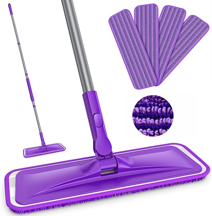 Microfiber Mops for Floor Cleaning - BPAWA Flat Floor Mop with 4 Reusable Washable Pads fit for Swiffer Powermop Kitchen Wet Dry Dust Mop for Hardwood Laminate Wood Tile Ceramic Vinyl Wall Floors