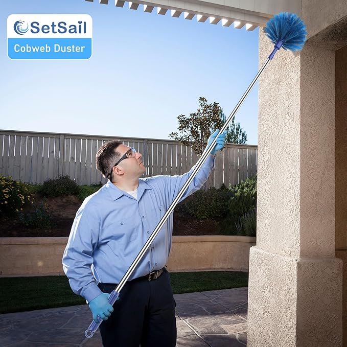 SetSail Cobweb Duster with Extension Pole, for Cobweb Cleaning,Blue | Retractable Dusters,90-inch Long Handle,Ceiling Fan Spider Web Brush,for Outdoor Indoor High Ceilings
