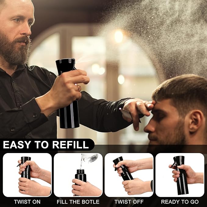 Spray Bottles For Hair, continuous spray bottle (200ml/6.8oz 2Pack) used for hair design, plants, cleaning, hair care and skin care, etc. – empty, reusable (Pure Black)