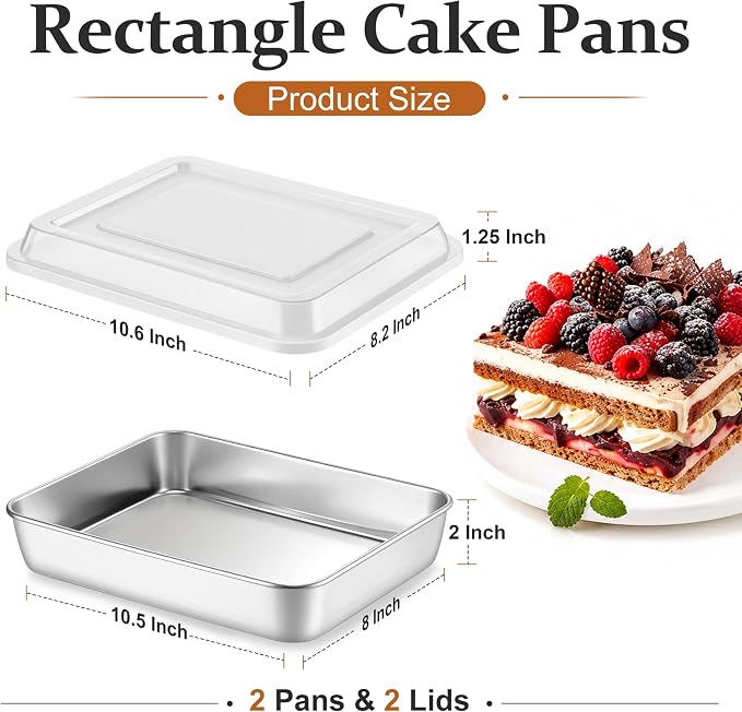 LIANYU 4-Piece Stainless Steel Deep Baking Pan Set with Lids, 10 x 8 Inch Rectangular Cake Pans, Roasting Bakeware for Lasagna, Brownies, Non-Toxic & Dishwasher Safe (2 Pan +2 Lid)