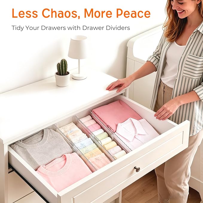 8 Pack 4" High Drawer Dividers for Clothes, 10.2"-16.5" Expandable Dresser Drawer Organizers, Adjustable Plastic Clear Drawer Separators for Kitchen, Baby Clothing, Socks, Underwear, Bedroom