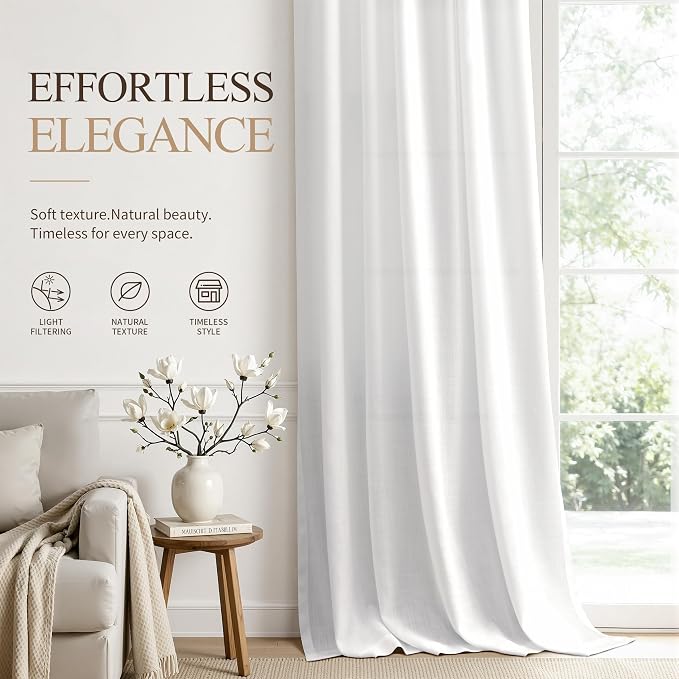Hokibero White Linen Curtains 96 Inches Long for Living Room 2 Panels | Light Filtering Semi Sheer Curtain, Back Tab Rod Pocket Pleated Look, White Window Drapes for Bedroom Privacy, Boho Farmhouse