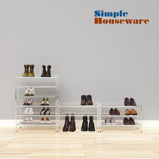 Simple Houseware 3-Tier Stackable Mesh Shoe Rack, Silver | 9 Pairs of Shoes Storage Organizer for Closet, Entryway, Garage & Corridor