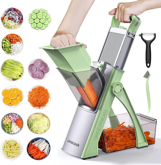 Jonscook All-in-1 Update Safe Mandoline Slicer for Kitchen, Food Chopper with Container, Thickness Adjustable Vegetable Chopper, Potato French Fry Cutter Tomato Apple Slicer Onion (Matcha Green)