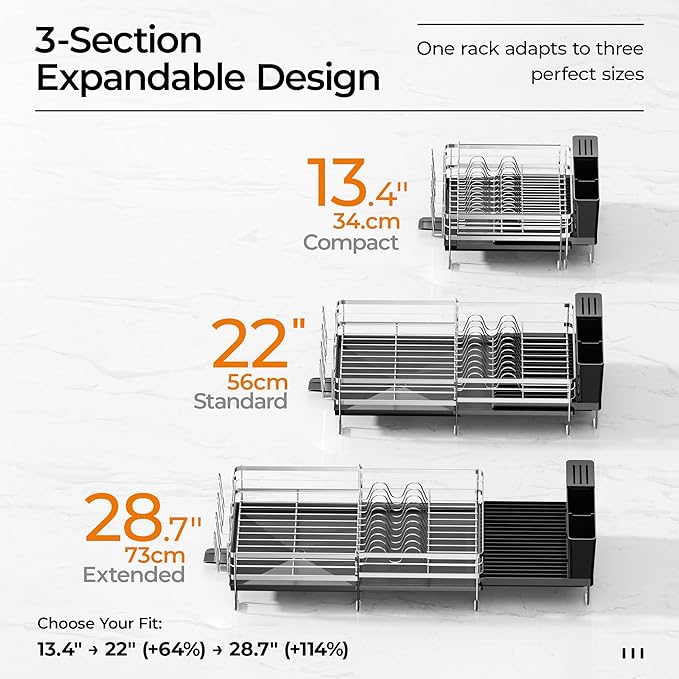 Delamu Stainless Steel Dish Drying Rack, Expandable Dish Drainer, Anti-Rust Large Dish Racks for Kitchen Counter, Dish Strainers with Drainboard, Utensil & Cup Holder, 13.4"-28.7" L x 11.8" W, Silver