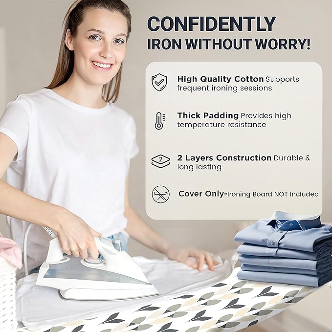 UniSimp Small Ironing Board Cover and Pad 12"x32" Small Iron Board Cover with Padding,Tabletop Mini Ironing Board Cover and Pad Small Size, Cotton Canvas, Heat Resistant, Drawstring Closure Foliage