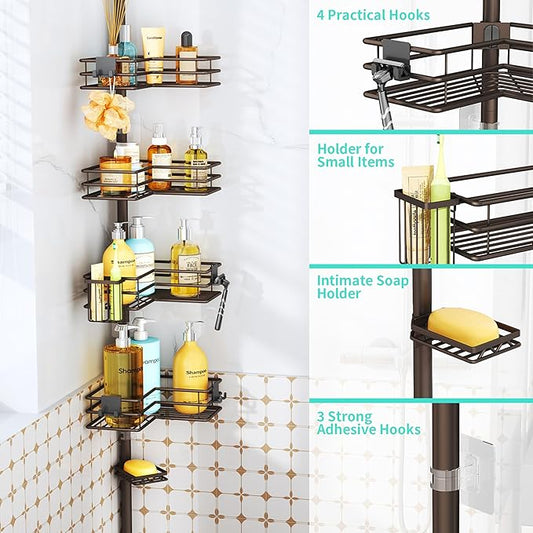 HapiRm Corner Shower Caddy Organizer - Shower Organizer Corner with Soap Holder, Toothbrush Holder and 4 Hooks, Rustproof Bathroom Shelf Tension Pole Available for 27.6 to 108.3 Inch - Bronze