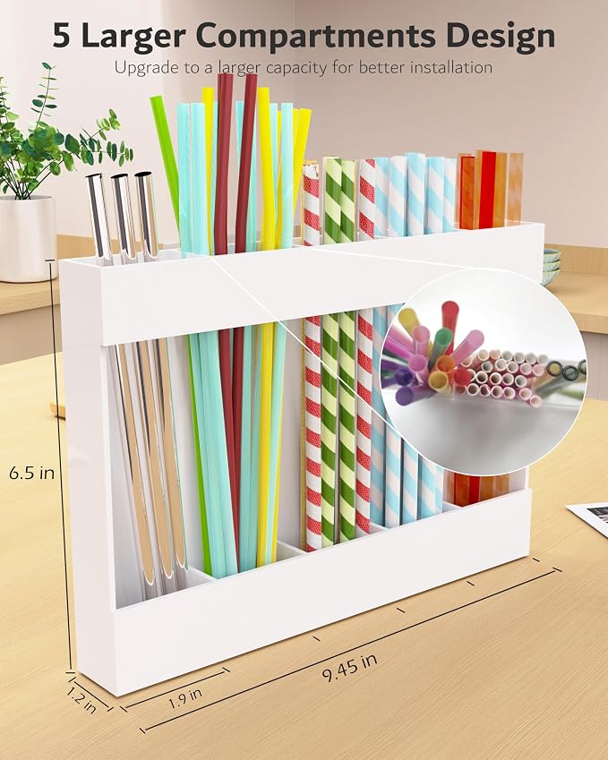 Acrylic Straw Holder & Organizer - Compact, Adhesive Tape Included for Easy Installation - Perfect for Countertops, Cabinets, or Kitchen Storage (White-5 Compartments)
