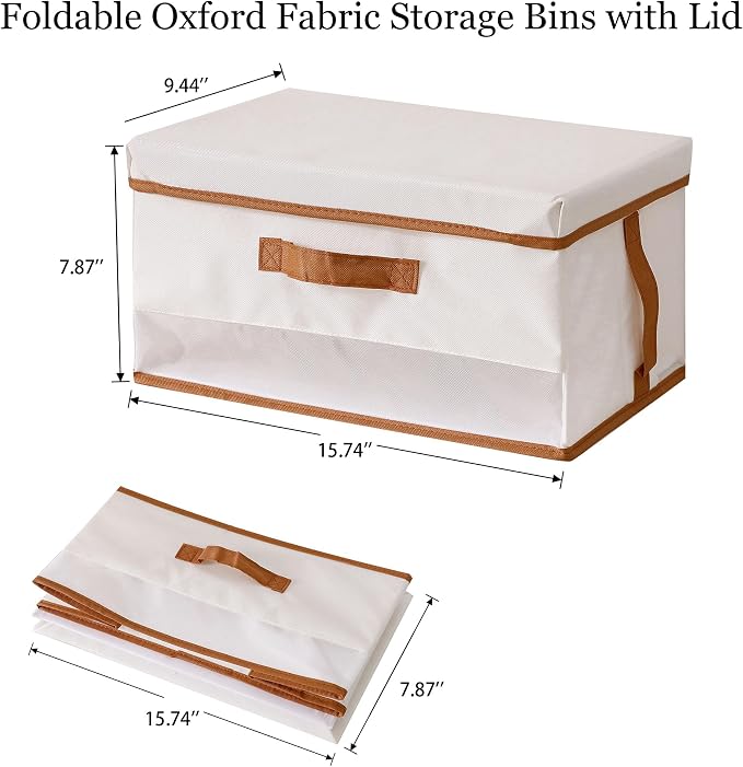 Closet Organizer and Storage, Large Oxford Fabric Storage Bins with Lid and Handle, Foldable and Stackable Baskets for Clothes, Towels, Nursery, Toys, Beige, 6 Pack