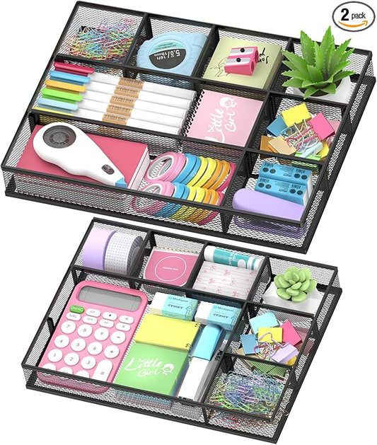 SUPEASY 2 Pack Mesh Drawer Organizer, Metal Desk Drawer Organizer Tray with 8 Adjustable Compartments, Desk Organizers and Accessories for Office Supplies, Kitchen, Makeup & Vanity (Black)