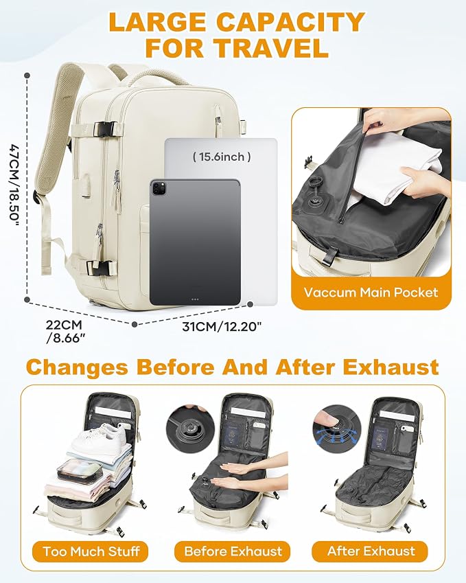 WONHOX Vacuum Seal Backpack for Travel with Air Pump 18x14x8 inches Vacpack Carry on Flight Approved Compression Daypack Laptop Space Saver Bag Storage with Vacuum System Travel Bags Women Beige
