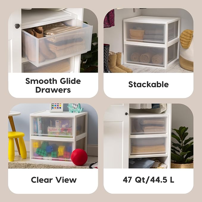 IRIS USA 2-Pack, 47 Qt. Extra Large Stacking Drawer with Clear Door, White | Store shoes, clothing, linens, pantry items, and household essentials with organized storage for everyday needs