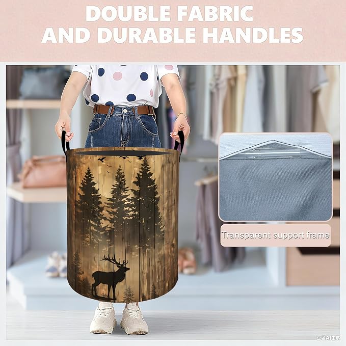 Rustic Deer Forest Laundry Basket Hamper 19.7"x15.8", Organizer Bins Gifts for Kids Boys Girls, Woodland Elk Foldable Waterproof Oxford Clothes Storage Bucket for Bedroom Bathroom Decor