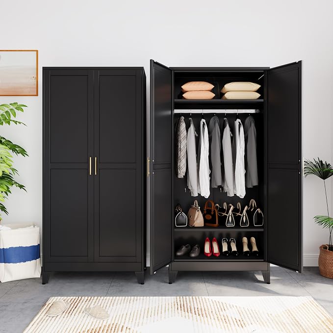 Metal Armoire Wardrobe Closet Storage Cabinet with Hanging Rod,71'' Metal Wardrobe Cabinet with 2 Doors and 2 Adjustable Shelves for Bedroom, Laundry Room, Cloak Room