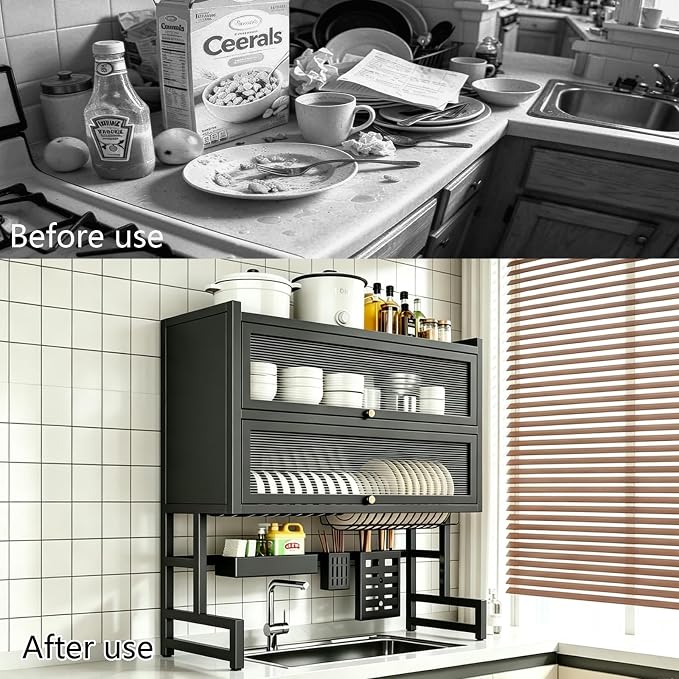 Over The Sink Dish Drying Rack, Piano Lacquer, Thickened Steel Pipe, Over Sink Dish Drying Rack, Over Sink Rack, for Dishes, Glasses, Bowls, Cutlery Black 37.4in (Large)